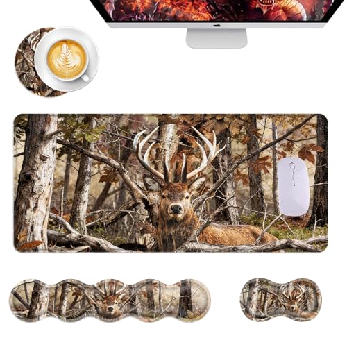 Mouse Pad,Large Desk Mat Set, 4in1 XL Mousepad + Keyboard Wrist Rest+Mouse Wrist Rest+Coaster with Ergonomic Desk Pad for Home Office Table Computer Cover -Camo Forest Deer - color: Camo Forest Deer