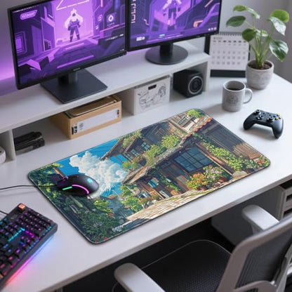 Japanese Street Scene Large Gaming Mouse Pad Desk Mat 31.5"x15.7" | Extended Mousepad, Non-Slip Rubber Base , Stitched Edges, for Computer/Laptop/Office/Home - color: Japanese Street