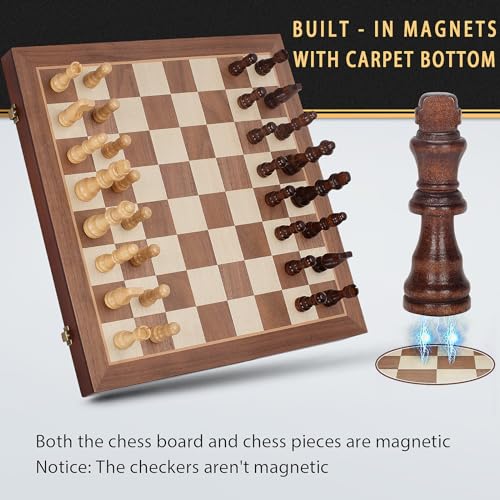 2 in 1 Magnetic Wooden Chess and Checkers Board Game Set, 15" Folding Chess Boards with 2 Extra Queens, Portable Travel Chess Sets with Pieces Storage Slots, Beginner Chess Game Set for Kids, Adults - style: 2 in 1 Magnetic Chess Set