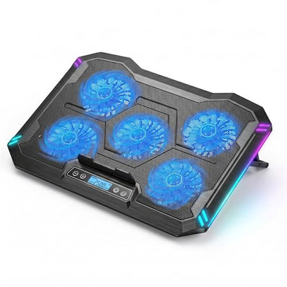 AFI Electronics Laptop Cooling Pad, 5 Quiet Fans Gaming Laptop Cooler for 11–17 Inch, RGB LED, LCD Display, 6 Fan Speeds, 8-Height Adjustable Stand, Dual USB Ports, Notebook Cooling Stand