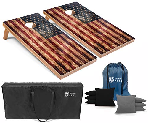 Tailgating Pros Rustic American Flag Cornhole Boards w/Bean Bags - 4'x2' Distressed Flag Cornhole Game w/Multicolored LED Ring, Carrying Case & Corn Hole Bags - color: Black / Grey