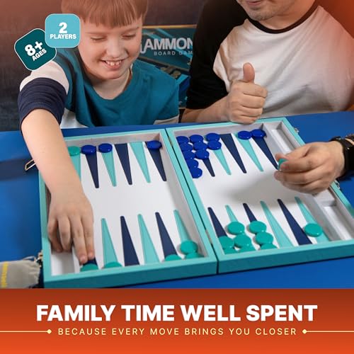 Large Turquoise Backgammon Set for Adults - Classic Board Game for 2 Players Adults and Kids - Premium 15 Inch Backgammon Board with 32 Playing Pieces in Quality PU Leather Case - style: Premium Turquoise