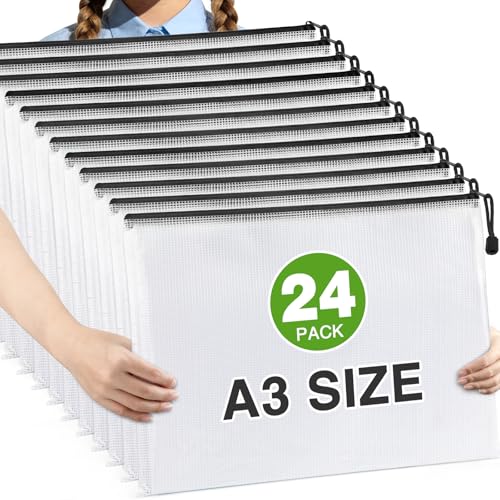 Umriox 24 Pack Zipper Pouches for Organizing, Black, A3 Size (16.9 x 12.4), Big mesh Bags, Zipper Bags for Puzzles & Board Game Storage, Office Supplies Travel Toiletries - color: Black