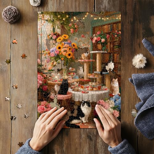 Cat Puzzles for Adults 1000 Pieces, Kitty Coffee Cake Flower Puzzle, Floral Kitten Animal Jigsaw Puzzles, Cozy Coffee Shop Wall Decor - style: Cozy Cat Cafe puzzle