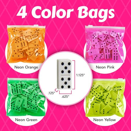 Playbees Domino Game Set Pack of 12 Each Bag includes 28 Pieces of Dominoes Set Comes with Colorful Bags Neon Pink Yellow Green and Orange - Awesome Party Favor, Educational Toys Adults & Teens