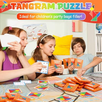 Dunzoom 50 Pack Wooden Tangram Puzzle for Kids, Bulk Party Favors and Classroom Rewards, Stem Learning Jigsaw Games, Educational Brain Teaser Toys, Goodie Stuffers for Ages 4-8 (Vibrant Bright) - color: Vibrant Bright