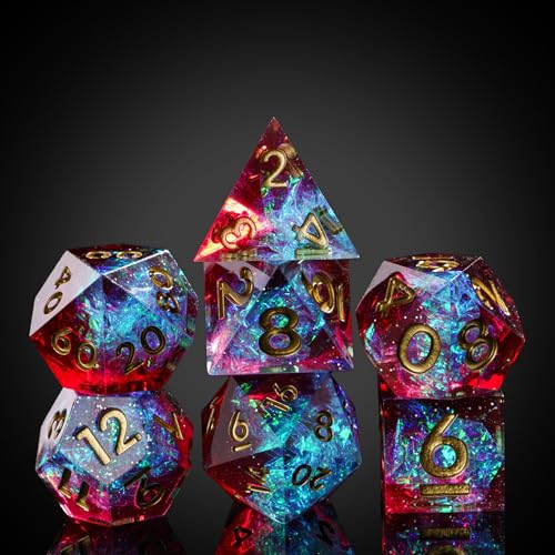 7PCS DND Dice Set,Handmade Sharp Edge Dice Set D&D RPG Polyhedral Die,for Dungeons and Dragons TTRPG Games Roleplaying Games Pathfinder,with Gift Box(Blue with Red) - color: Starry Sky(blue With Red)
