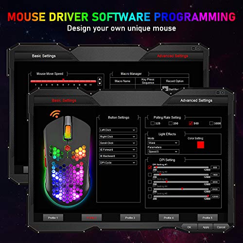 ZIYOU LANG Wired/Wireless Lightweight Gaming Mouse,16 RGB Backlit Mice with 7 Buttons Programmable Driver,PAW3325 12000DPI,Rechargeable 800mA Battery,Lightweight Honeycomb Shell Mouse for PC Gamer - color: Black Red