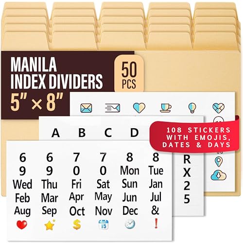 Index Card Dividers 5x8" — 50 Pcs of Cardboard Alphabet Dividers with 108 Stickers & Tabs for Index Card Organizer Holder, Storage File Box, Notecard Organizers — Recipe, Monthly, Alphabetical Cards - color: 50 Pcs, size: 5 x 8 Inches