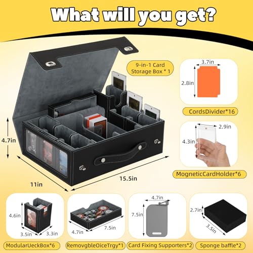 MTG Commander Deck Box with Handle, 6Removable Boxes,2-Row Case & Dice Tray | 9-in-1 Large Card Storage Box, Holds 1400+ Double-Sleeved Cards, Display Window,Mag Holders, Latch Closure,Fit TCG/EDH, Grey - color: Black