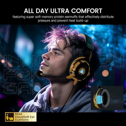 EKSA USB Gaming Headset for PC, Computer Gaming Headphones with Detachable Microphone Noise Cancelling, 7.1 Surround Sound, 50MM Driver, Wired Headset for PS4 PS5, Xbox One, Laptop (Yellow) - color: Yellow