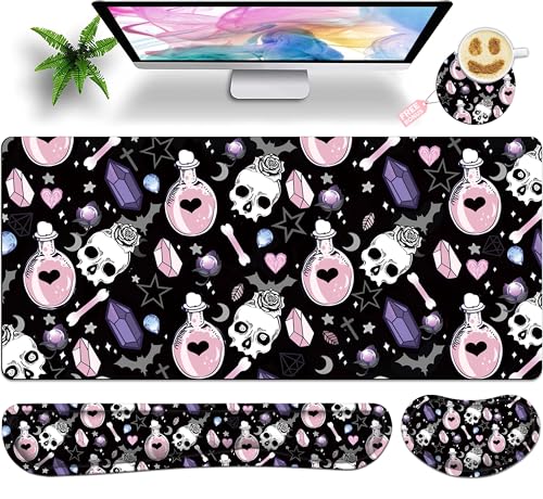 Large Gaming Mouse Pad Set 35.4 x 15.7 with Keyboard Wrist Rest, Wrist Support, and Coaster Memory Foam Smooth Desk Pad Mousepad for Home Office School - Skull Goth Magic Cute Witchy - color: Skull Goth Magic Cute Witchy, size: 35.4" x 15.7" x 0.12" (Set