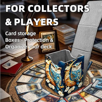 for MTG Deck Box, Trading Card Storage Case Holds 100+ Sleeved Cards, Owl on Golden Crescent Moon with Flowers Magnetic Closure Durable Deck Holder for Magic The Gathering, TCG & Commander - color: Owl on Golden Crescent Moon with Flowers