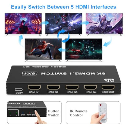 8K HDMI Switcher 5 in 1 Out, HDMI Splitter with IR Remote Switcher Selector Box Support 8K@60Hz 4K@120Hz, HDMI 2.1 Switch Compatible with PS 5/4/3 Xbox Switch Roku TV Fire Stick