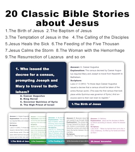 Docdeer 192 Bible Story Trivia Quiz Question Game Cards | 20 Famous Bible Story | Relay Trivia Board Games | Bible Study & Biblical Knowledge Trivia Cards | Christian Gifts for Women Men & Families