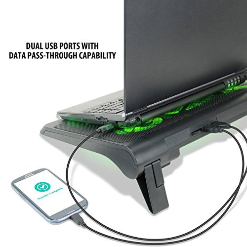 Enhance Gaming Laptop Cooling Pad Stand with LED Cooler Fans, Adjustable Height, & Dual USB Port for 17 inch Laptops - 5 Ultra Quiet High Performance Fans 2630 RPM & Built-in Bumpers - Green - color: Green