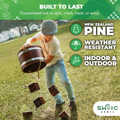 Swooc Games - Yardzee, Farkle & 20+ Giant Dice Games (All Weather) Yard Dice with Wooden Bucket, 5 Scorecards & Marker - Jumbo Dice Yard Game - Extra Large Yard Game for Adults - Jumbo Lawn Fun - size: 3.5" Dice