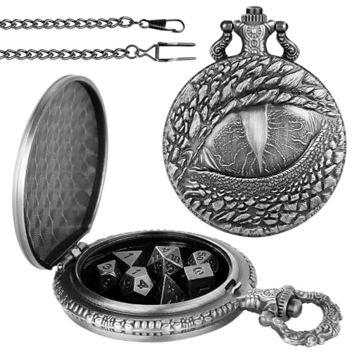 Mini DND Dice Set with Retro Dragon's eyes Pocket Watch Shell Case, DND Starter Set, 7pcs Polyhedral Mini Metal Dice Set, D&D Gifts with Gift Bag, Role Playing Board Game Accessories, Dark Silver - color: Dark Silver