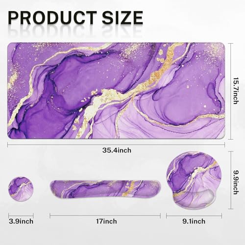 Arttown Purple Gold Marble Desk Mat Abstract Marble Mouse Pad Set 4 in 1 Ergonomic Design Large Mousepad + Keyboard Wrist Rest + Mouse Wrist Rest + Coaster Suitable for Home Office Study Game - color: Purple Gold Marble