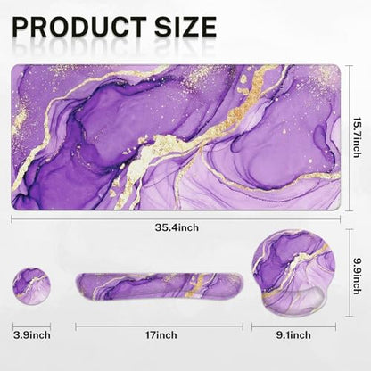 Arttown Purple Gold Marble Desk Mat Abstract Marble Mouse Pad Set 4 in 1 Ergonomic Design Large Mousepad + Keyboard Wrist Rest + Mouse Wrist Rest + Coaster Suitable for Home Office Study Game - color: Purple Gold Marble