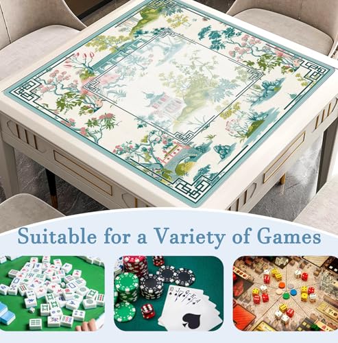 Chinese Garden Teal Green Chinoiserie Pavilion Lake Mahjong Mat 31.5x31.5 Inch, Non-Slip and Noise Reduction Mah Jong Table Mat Cover Gifts for Mahjong Lovers Poker Board Games Dominoes - color: Chinese Garden