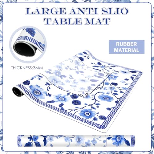 Mahjong Mat 31.5" x 31.5" – Blue Chinese Floral Design, Rubber Non-Slip Noise-Reducing Game Table Cover for Mahjong, Poker, Dominoes & Board Games (Blue)
