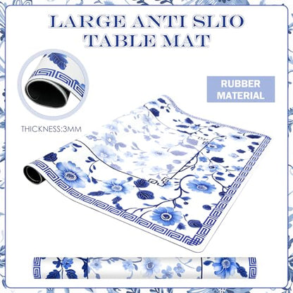 Mahjong Mat 31.5" x 31.5" – Blue Chinese Floral Design, Rubber Non-Slip Noise-Reducing Game Table Cover for Mahjong, Poker, Dominoes & Board Games (Blue)