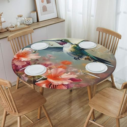 Famame Oil Painting Hummingbird Round Fitted Tablecloth with Elastic Protector Table Kitchen Dinner Waterproof Oil-Proof Table Covers Fits 40"-44", Small - color: Hummingbird, size: 2" (Round)