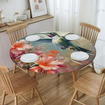 Famame Oil Painting Hummingbird Round Fitted Tablecloth with Elastic Protector Table Kitchen Dinner Waterproof Oil-Proof Table Covers Fits 40"-44", Small - color: Hummingbird, size: 2" (Round)