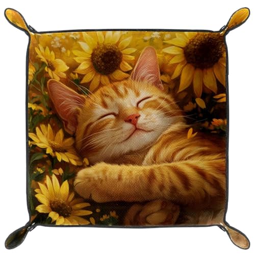 Dice Trays Sunflower Sleeping Cat Holder Storage Box for Dice Games Like RPG DND, Leather Dice Holder Portable Folding Rolling Dice Tray, 16x16cm - color: Multi 1