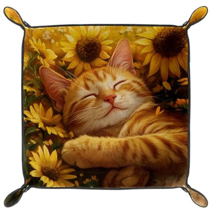 Dice Trays Sunflower Sleeping Cat Holder Storage Box for Dice Games Like RPG DND, Leather Dice Holder Portable Folding Rolling Dice Tray, 16x16cm - color: Multi 1