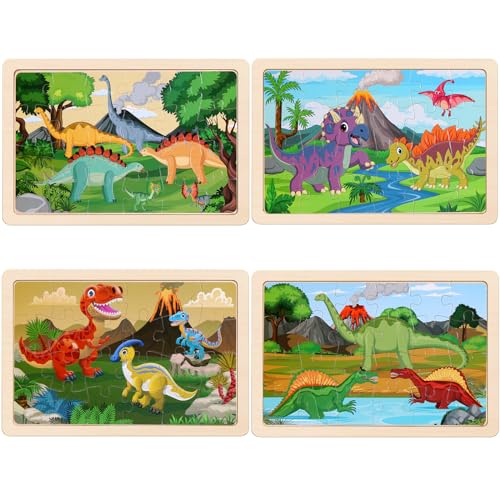 Wooden Puzzles Dinosaur Toys for Kids Ages 3-5, Set of 4 Packs with 20-Piece Wood Jigsaw Puzzles, Preschool Educational Brain Teaser Boards for Boys and Girls 3 4 5 6 Years Old - color: Dinosaur