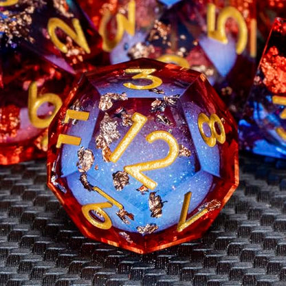 ARUOHHA Liquid Core DND Dice Set, 7pcs Resin Sharp Edged Dragons Dice Compatible with D&D Role Playing Games, RPG Golden Numbers Blue Red Dungeons Polyhedral D and D Dice with Gift Box D20 D10 D6 - color: Shiny-blue Red