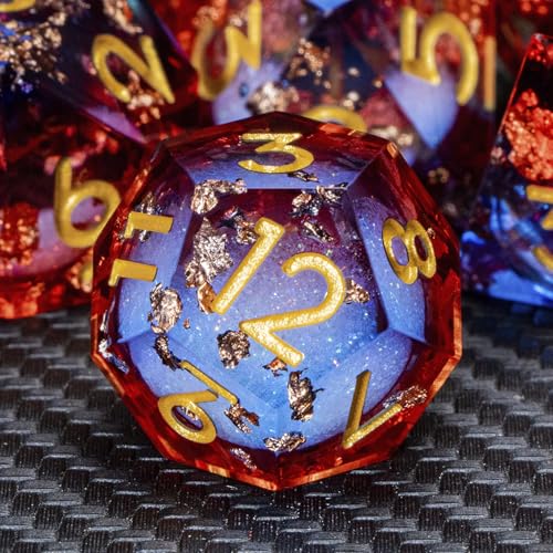 ARUOHHA Liquid Core DND Dice Set, 7pcs Resin Sharp Edged Dragons Dice Compatible with D&D Role Playing Games, RPG Golden Numbers Blue Red Dungeons Polyhedral D and D Dice with Gift Box D20 D10 D6 - color: Shiny-blue Red