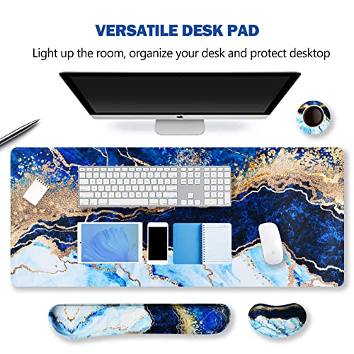 ARTSO Large Gaming Mouse Pad, Keyboard Wrist Rest Pad & Wrist Support Mousepad Set, Stitched Edge, Extended, Non-Slip Base, Memory Foam,Multifunctional Desk Mat 4pcs for Office & Home, Blue Marble - color: Blue Marble