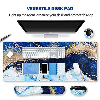 ARTSO Large Gaming Mouse Pad, Keyboard Wrist Rest Pad & Wrist Support Mousepad Set, Stitched Edge, Extended, Non-Slip Base, Memory Foam,Multifunctional Desk Mat 4pcs for Office & Home, Blue Marble - color: Blue Marble