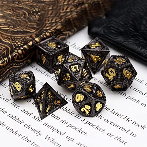 Haxtec Metal DND Dice Set Black Gold Metal D&D Dice with Fire-Breathing Dragon Elements & Leather Dice Bag Polyhedral Dice Compatible with Dungeons and Dragons TTRPG Gifts - color: Black Gold