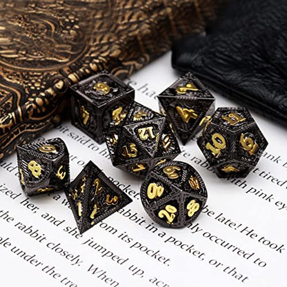 Haxtec Metal DND Dice Set Black Gold Metal D&D Dice with Fire-Breathing Dragon Elements & Leather Dice Bag Polyhedral Dice Compatible with Dungeons and Dragons TTRPG Gifts - color: Black Gold