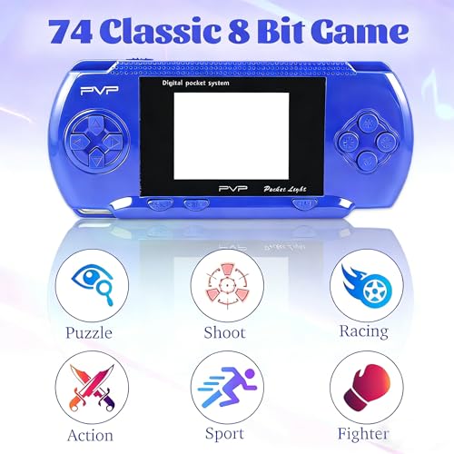 Blue Handheld Game Console, 74 Built-in 8-Bit Games | Portable game player with 74 retro games, 2.4" Screen, USB rechargeable battery, fun gift for kids and families - color: Blue