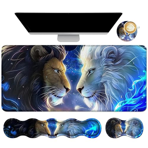 4Pcs Memory Foam Keyboard Mouse Wrist Rest Pad + Gaming Desk Mat 31.5" * 11.8" + Mouse Wrist Cushion + Coasters Set, Non-Slip Desk Pad Protector for Laptop Computer Home, Black White Tiger - color: Black White Tiger, size: 4Pcs Memory Foam Pad