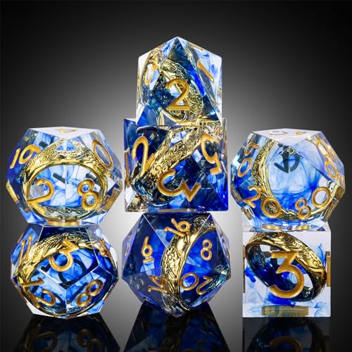DNDND Sharp Edge D&D Dice Set - 7-Piece Swirl Resin with Golden Ring Inside with Gift Case for DMS & Players - Blue - color: Ring Blue