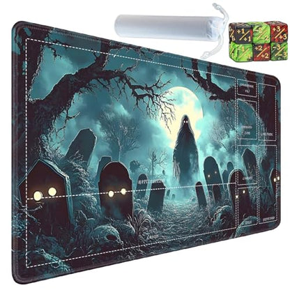 for MTG/TCG Playmat with Zones, 24 x 14 inches Trading Card Playmat with A Storage Bag and 6 Dice, Non-Lip Rubber Bottom Game Desk Mat, Graveyard and Ghost - color: Yux-playmats-2-3A-254