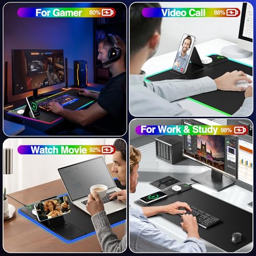 XXL RGB LED Gaming Mouse Pad with Magnetic Wireless Charger & Foldable Phone Holder, 31.5"x15.8" Extended Ultra-Smooth Desk Mat, 25 Lighting Effects, Non-Slip Base - color: RGB-Magnetic Stand-31.5"x15.8"-Left