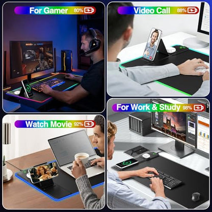 XXL RGB LED Gaming Mouse Pad with Magnetic Wireless Charger & Foldable Phone Holder, 31.5"x15.8" Extended Ultra-Smooth Desk Mat, 25 Lighting Effects, Non-Slip Base - color: RGB-Magnetic Stand-31.5"x15.8"-Left