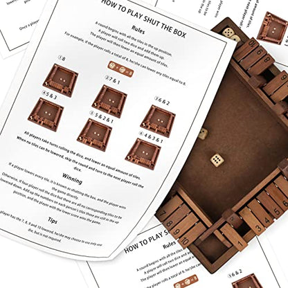 Shut The Box Game Wooden 4 Player, Classic Board Game for Kids & Adults, Educational Math Learning Toy, Table Dice Game for The Party Family or Bar - 12 Inch with 8 Dice - style: 4 Players