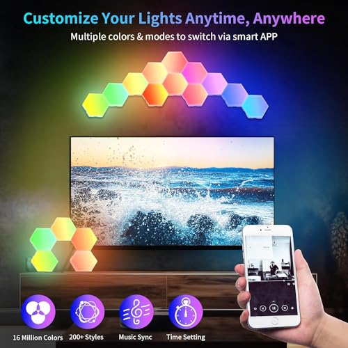 16-Pack Hexagon RGB LED Wall Lights, Smart Modular Light Panels with App & Remote Control, Music Sync Color Changing Lights, DIY Gaming Room Decor, Bedroom LED Wall Lighting, Expandable Design