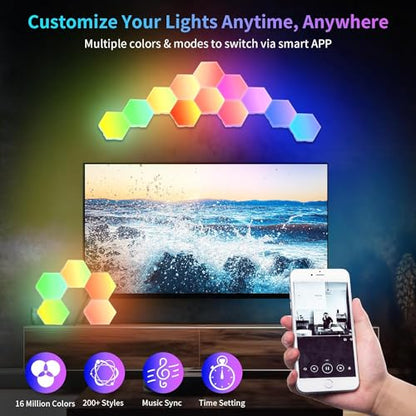16-Pack Hexagon RGB LED Wall Lights, Smart Modular Light Panels with App & Remote Control, Music Sync Color Changing Lights, DIY Gaming Room Decor, Bedroom LED Wall Lighting, Expandable Design