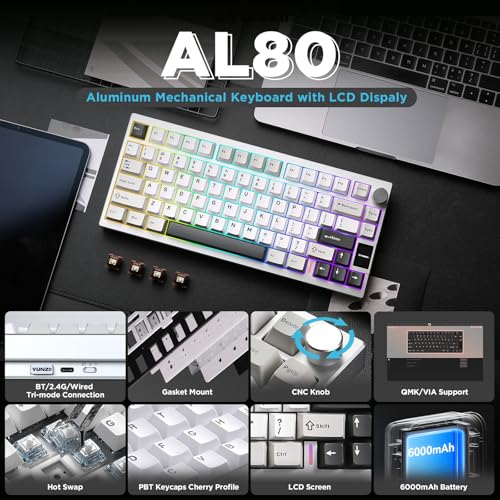 YUNZII AL80 75% Wireless Aluminum Mechanical Keyboard(Silver,Gateron Zero) | QMK/VIA, Smart LCD Display and Knob, Hot Swap, Gasket Structure, BT/2.4G/USB-C, RGB Keyboard for Gaming/Win/Mac - color: Silver, size: Gateron Zero Switch