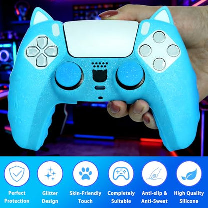 Blue Cat Glitter Anti-Slip Protective Silicone Cover Skin Grips Compatible with PS5/Slim/Pro Controller,8 PCS Glitter Thumb Grips Caps and 2 Paw Grips Caps. (Cat Blue) - color: Cat Blue