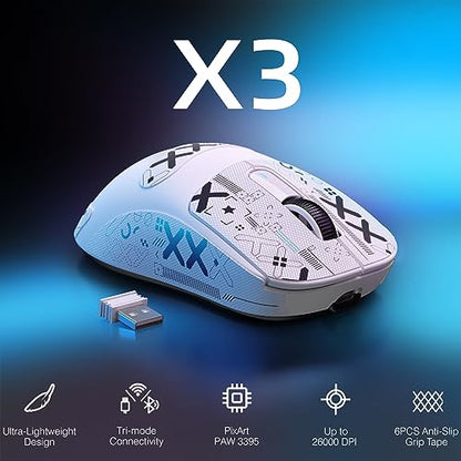 ATTACK SHARK X3 Lightweight Wireless Gaming Mouse, 49g Tri-Mode Bluetooth/2.4G/USB-C Wired Mouse, PAW3395 26K DPI Sensor, 200h Battery Life, Programmable Buttons, Griptape for PC/Laptop/Mac - color: White & Griptape
